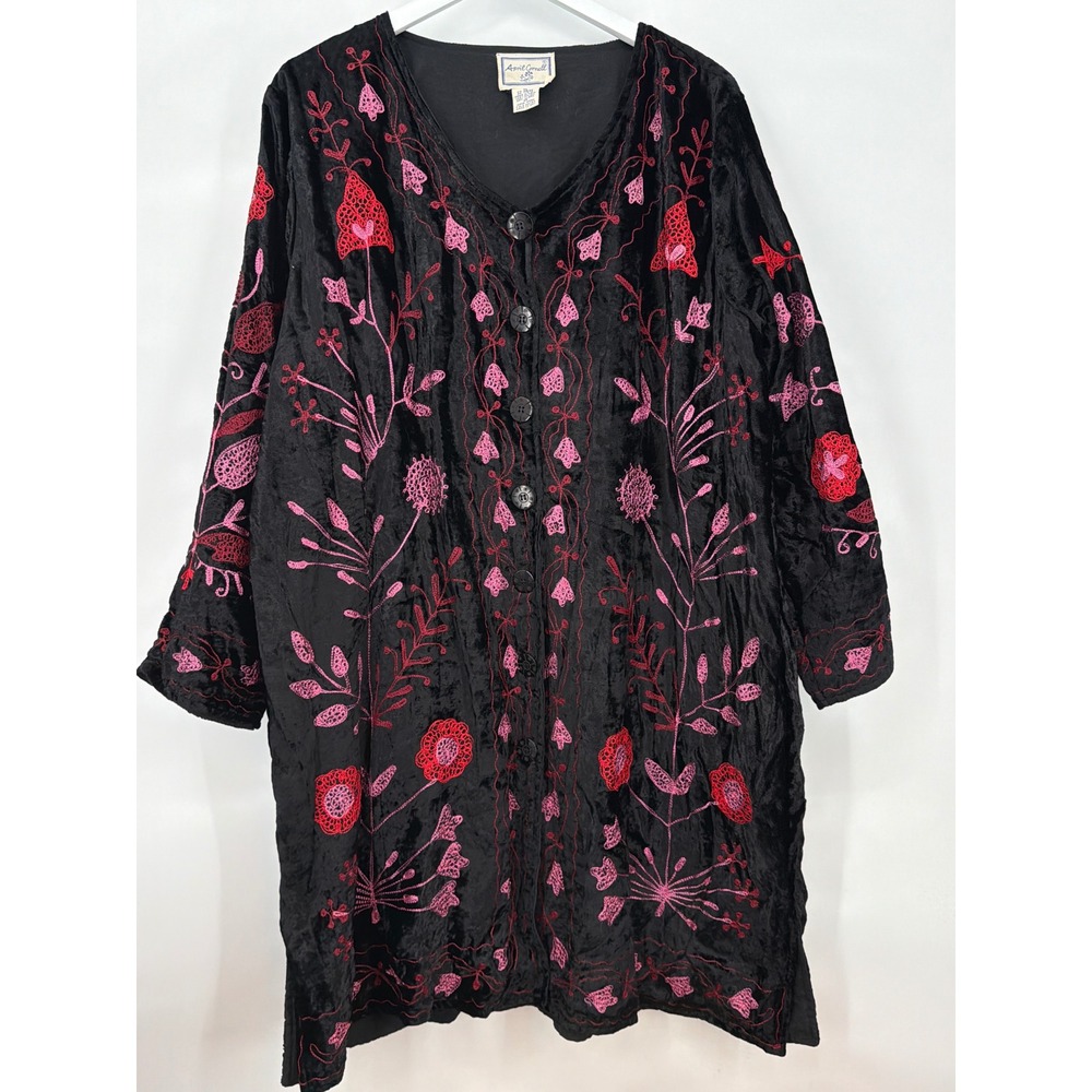 April Cornell Black Velvet Embroidered Floral Tunic Jacket XL Boho Art to Wear